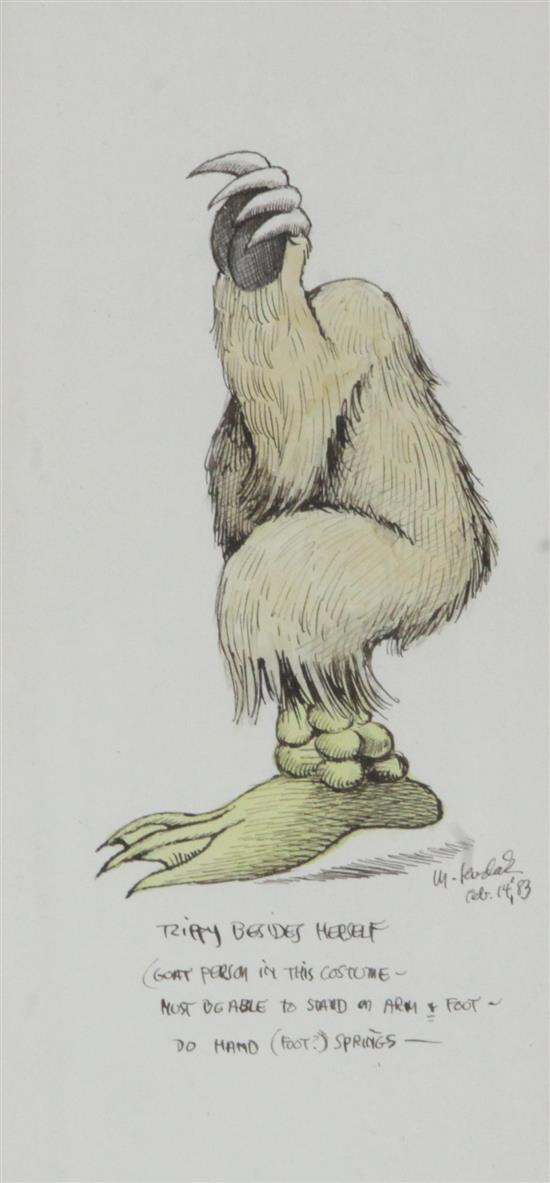 Marcel Bernard Sendak (1928-2012), two original watercolour drawings for The Wild Things, signed 9 x 5.5in and 8.5 x 4in.